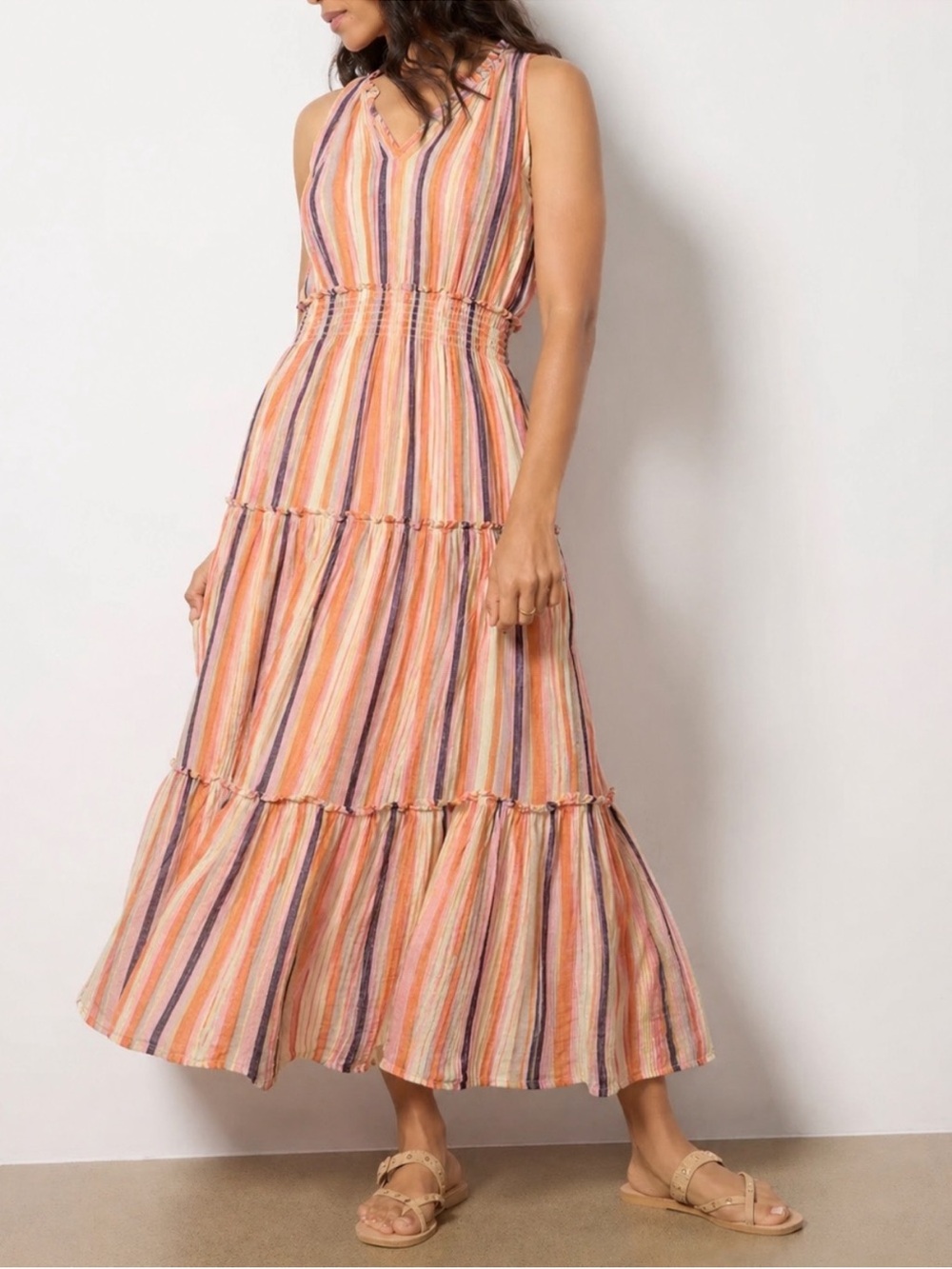 Rails Loulou Papaya Stripe Sleeveless Linen Blend Maxi Dress Summer size S